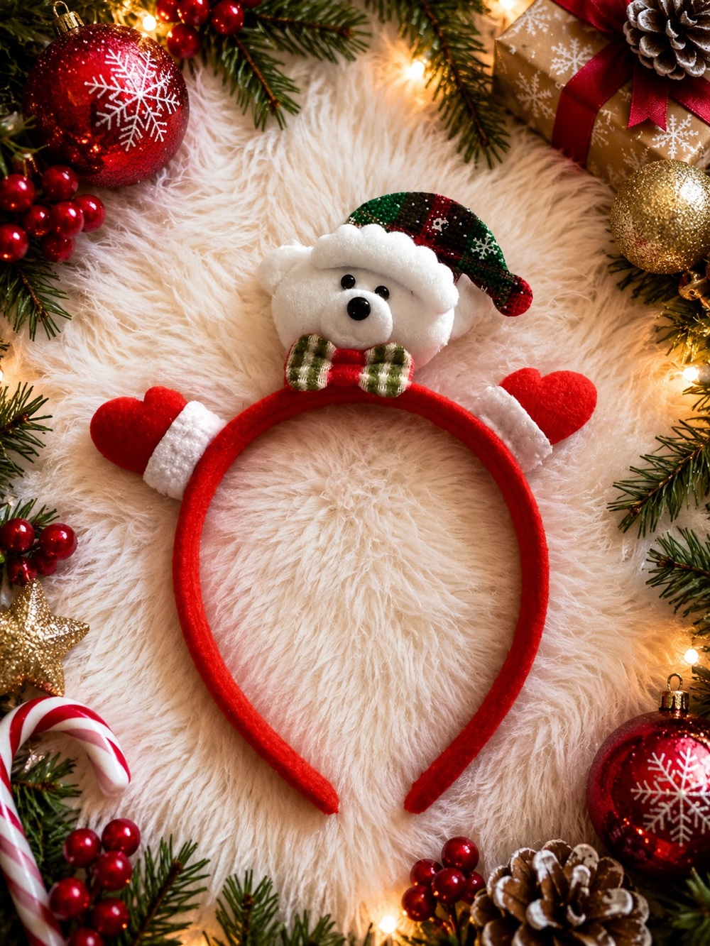 Festive Bear Headband with Bow and Heart Accents - Red, White, Green - NWOT